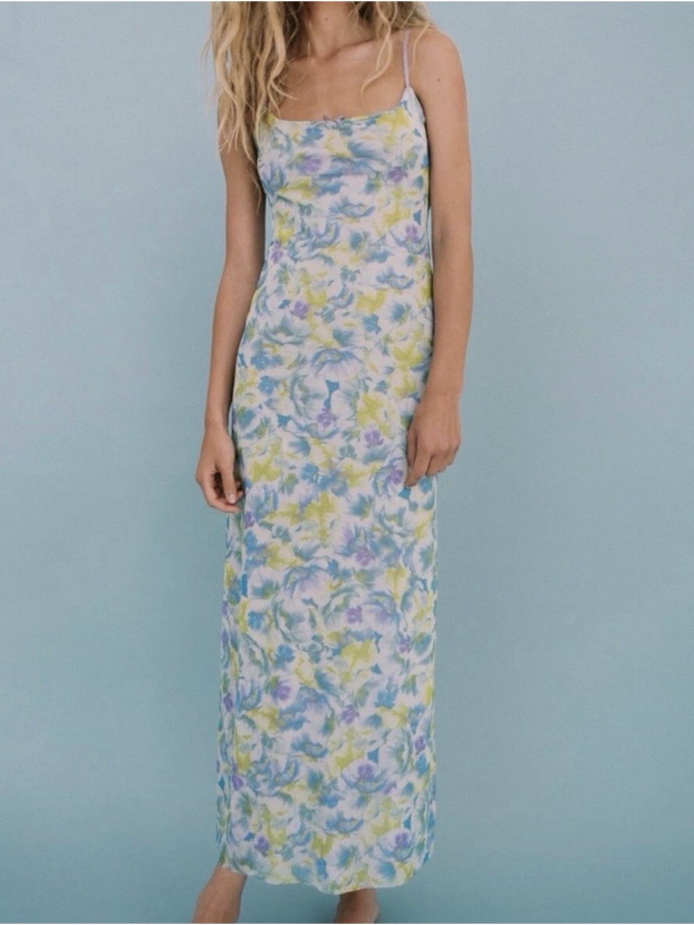Zara Floral Maxi Dress Blue Green Purple Size L NWT